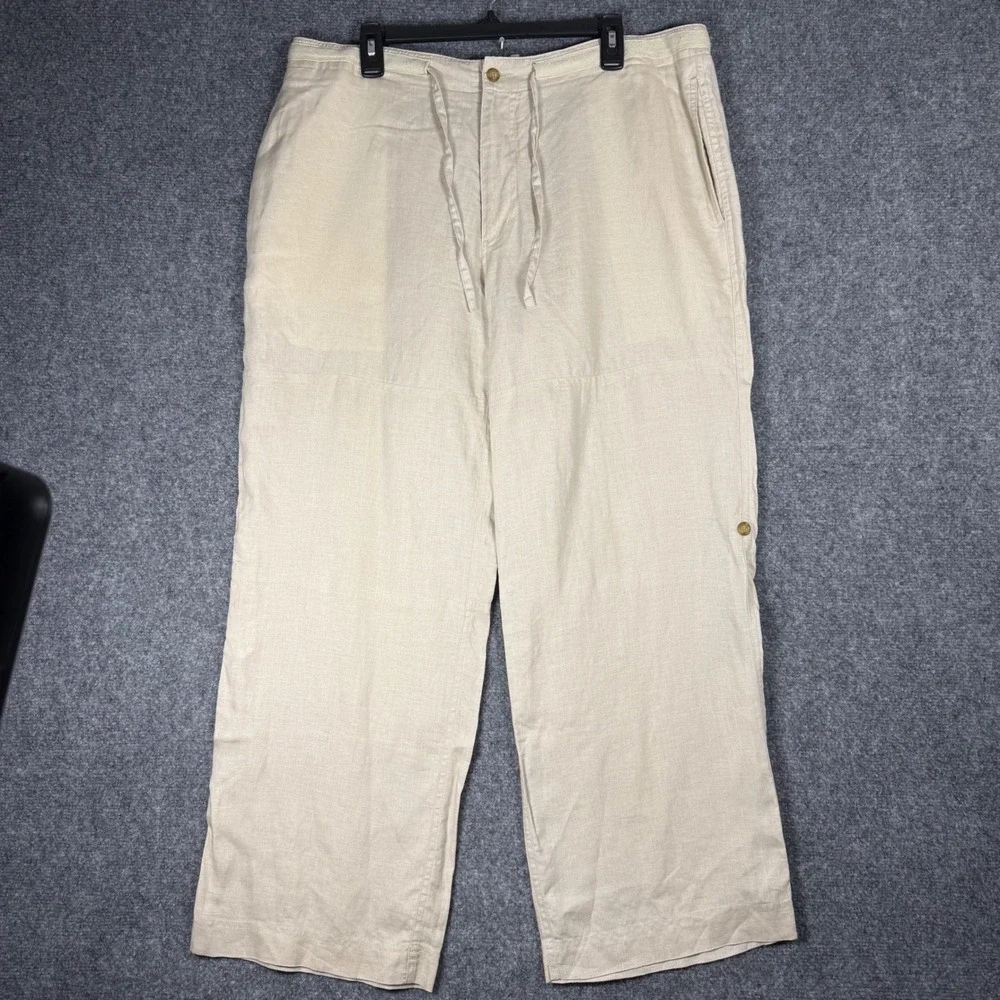 Perry Ellis Linen Drawstring Pants Men's 36x30 Beige 100% Linen Relaxed Fit